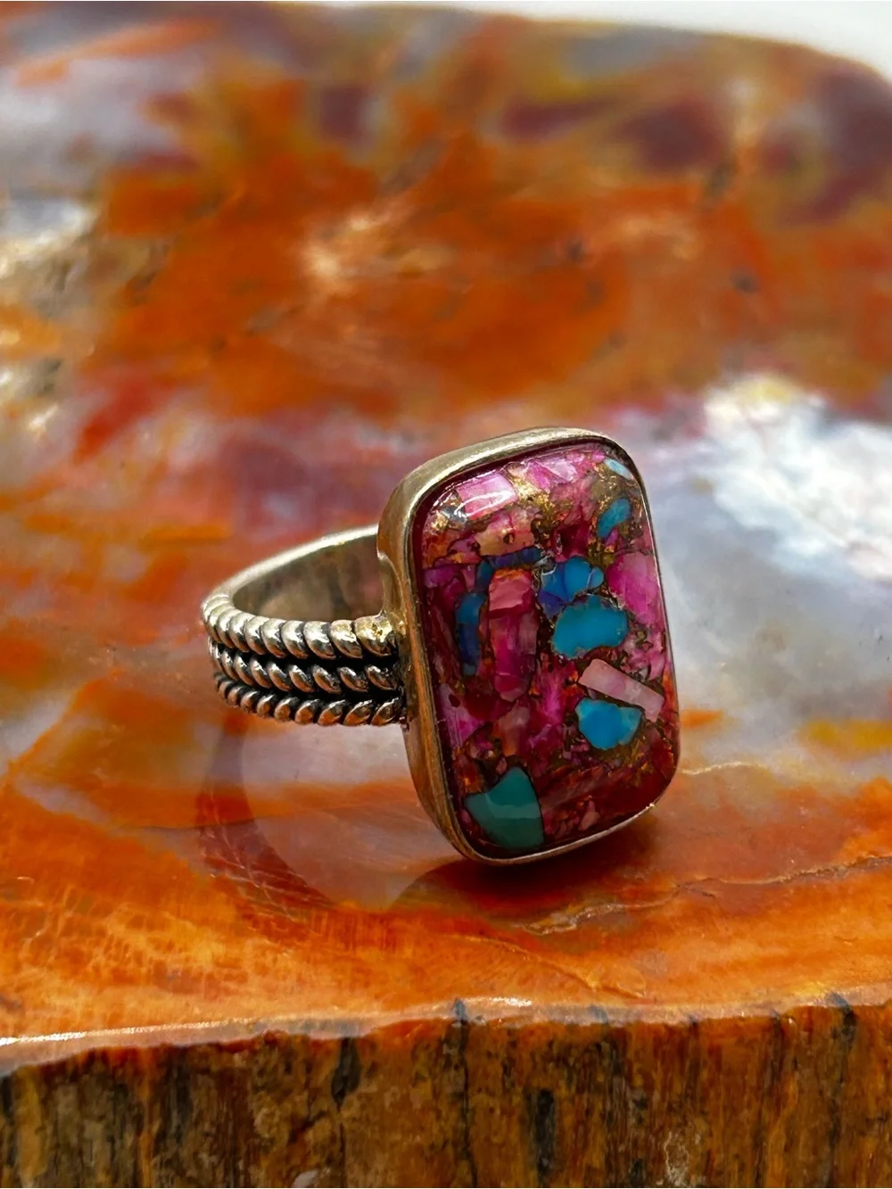 Sterling Silver Ring with Pink Oyster Turquoise - Size 7
